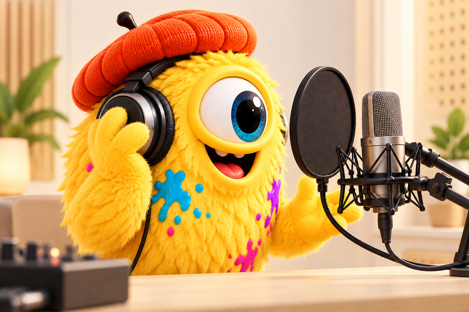 マイクに向かって音声を収録するクリエイティブ型のモンスター