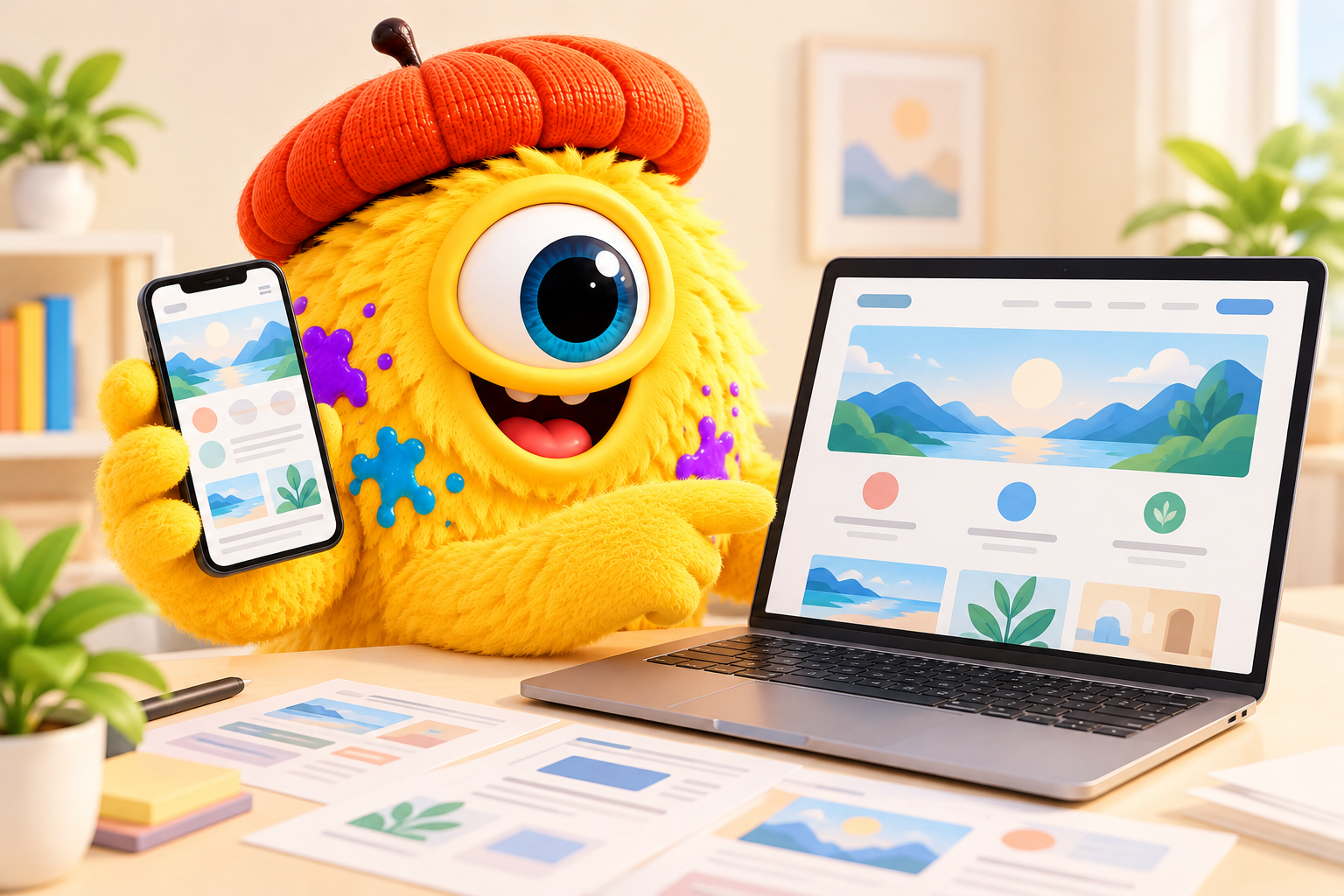 完成したWebページをPCとスマホで確認するクリエイティブ型のモンスター
